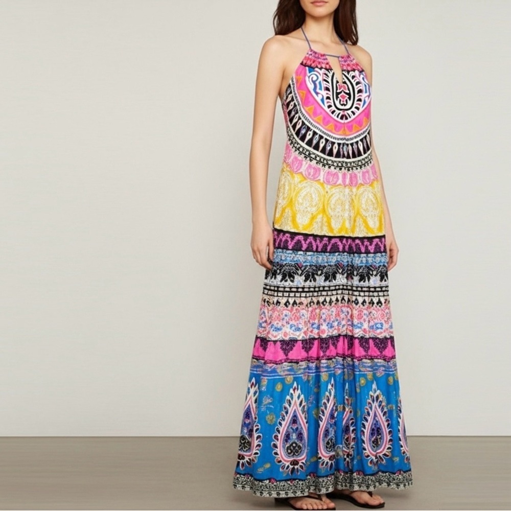 Anthropologie Flying Tomato Bohemian Ethnic Print Halter Maxi Dress L